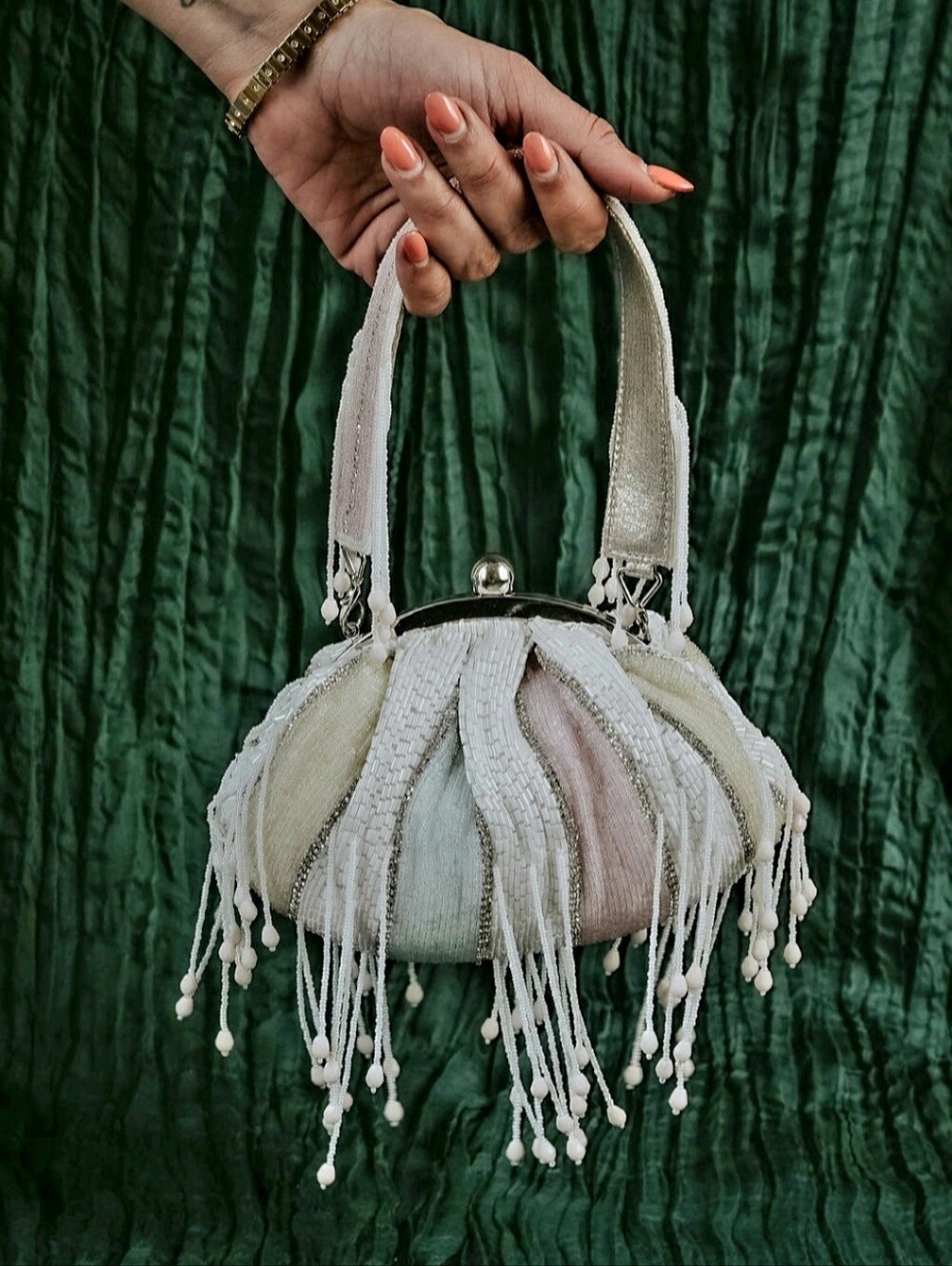 Boho Fringe Pastel Woven Dome Handbag - White, Cream & Pink